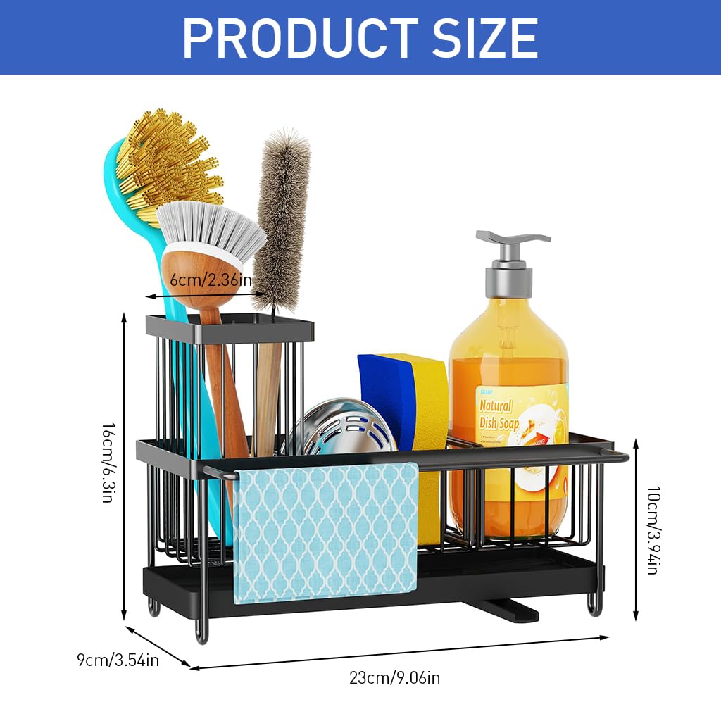 HASTHIP Kitchen Sink Organizer - Sink Caddy with Brush Holder Self-draining Kitchen Sponge Caddy Organizer with Divider Stainless Steel Sink Accessories Storage for Countertop, Black 23x9x16cm