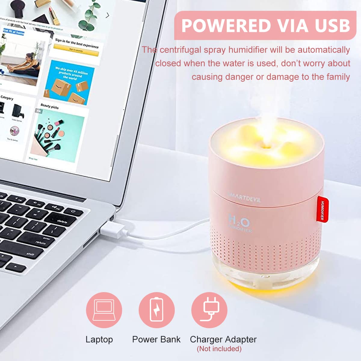 HASTHIP Humidifier for Room Moisture 500ML 26dB Air Humidifier for Bedroom Ultrasonic Cool Mist Car Humidifier with Atmosphere Light Desktop Humidifier Office Bedroom Auto Shut-Off with 2 Spray Mode