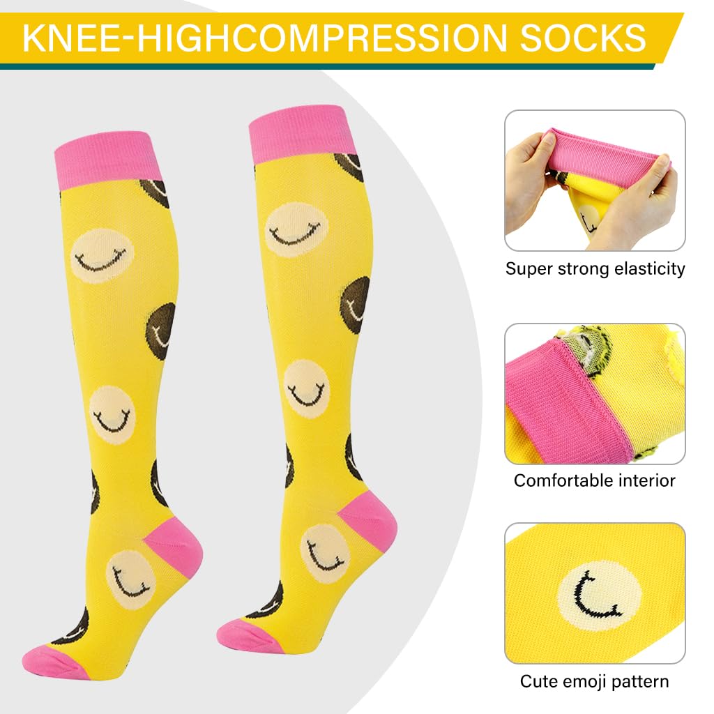 Proberos Women Knee-high Socks Calf Compression Socks Fashion Print Polyester Cotton Breathable Sport Compression Socks Anti-slip Leg Compression Socks for Running, Workout, Training, Yellow