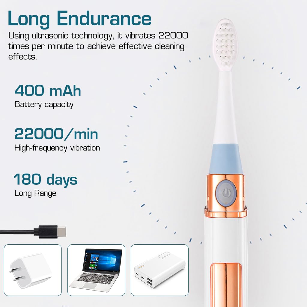 HANNEA USB Electric Toothbrush Digital Display Ultra-sonic Electric Toothbrush with 3 Modes, with 5 Soft Bristles Brush Heads, Travel Electric Toothbrush with Stand Base & Cap