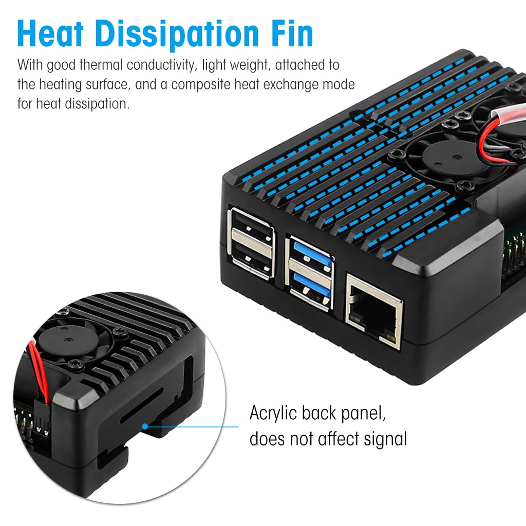 Verilux Aluminum Alloy Case for Raspberry Pi 4 Model B, Case for Raspberry Pi 4 with Dual Cooling Fan, Raspberry Pi 4 Passive Aluminum Alloy Case with Cooling Fan for Raspberry Pi 4 Model B