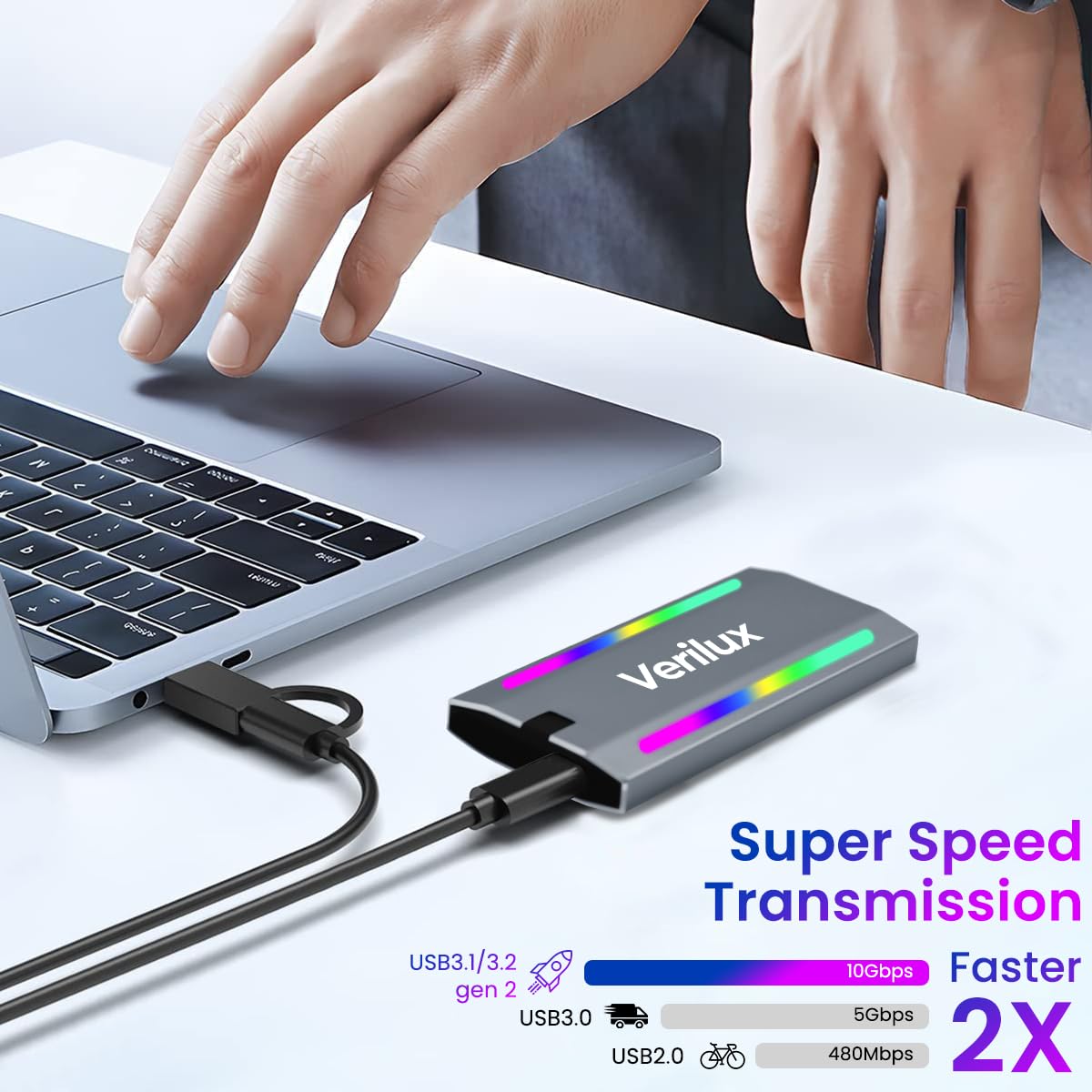 Verilux M.2 NVMe SSD Enclosure with Type C Cable, USB C External NVMe SSD Enclosure, RGB 10Gbps M.2 NVMe to USB Adapter, USB 3.2 M.2 NVMe Reader Supports M and B & M Keys, Fits 2230 2242 2260 2280