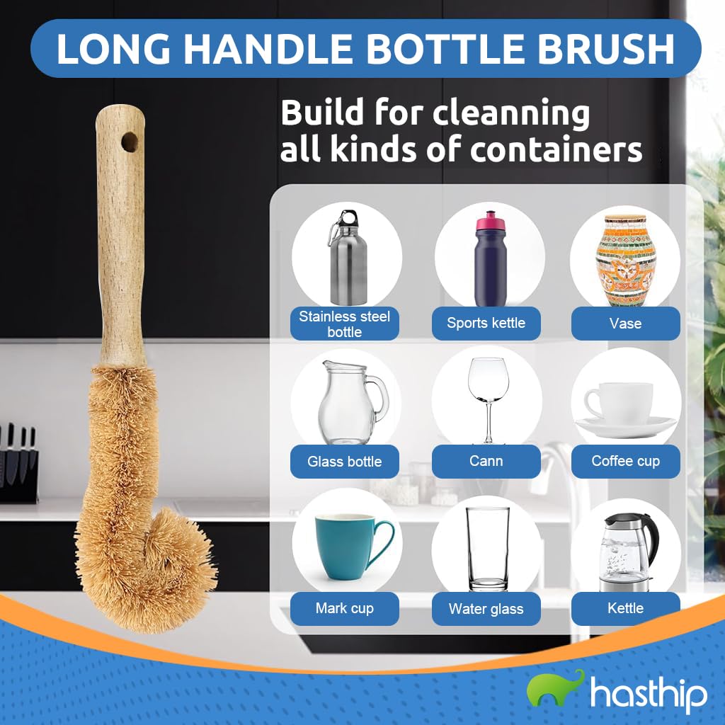 HASTHIP 2Pcs Kitchen Pot Cleaning Brushes with Wooden Handle, Natural Coconut Shell Fiber, Hard Bristles Coir Scrubber for Pots, Pans, Utensils