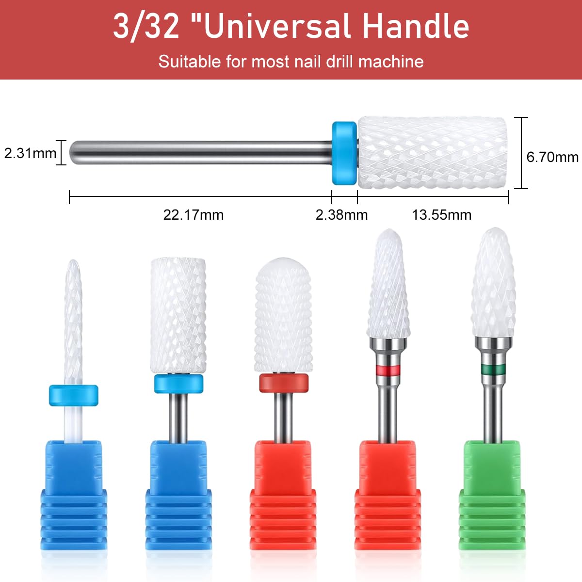 MAYCREATE 5Pcs Ceramic Nail Drill Bits Universal 2.35mm(3/32'') Shank Nail Drill Bits for Nail Drill Machine Multifunctional Nail Drill Bits for Gel Nail Removal, Shaping, Removing Cuticle