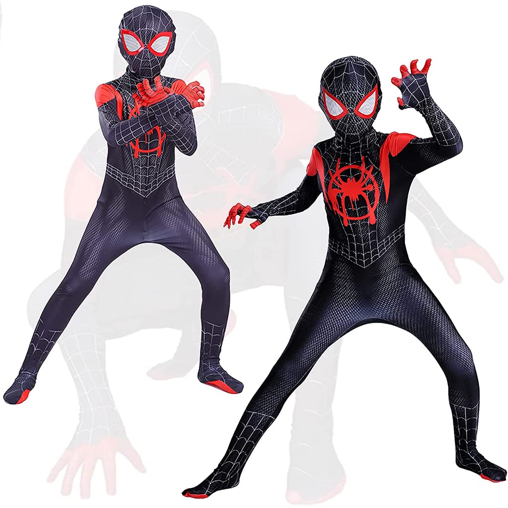 FANCYKU Spiderman Costume for Kids, Superhero 3D Lenses Spiderman Dress Black Spider Man Miles Morales Bodysuit, Silk-Feel Fabric Spider-Man Fancy Jumpsuit for Boys Gift Halloween Cosplay, Size XL