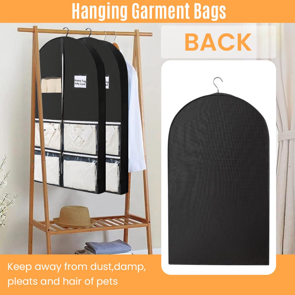 HASTHIP Garment Bag Dust Cover 49.2'' Long Dust Cover for Clothes, Non-woven Fabric Garment Cover with Clear Window and 4 Pockets Hanging Garment Bag for Clothes, Coats, Jackets, Suits, Shirts