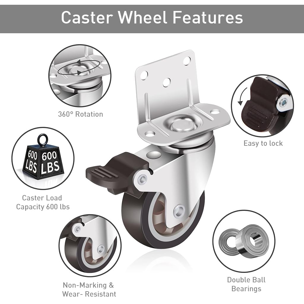 HASTHIP 4 Pcs Swivel Caster Wheels Set Locking Casters Swivel Caster Wheels 2-Inch Small Rubber Caster Wheels Heavy Duty 600lbs Moving Wheel Casters for Furniture, Baby Bed, Kitchen, Cabinet