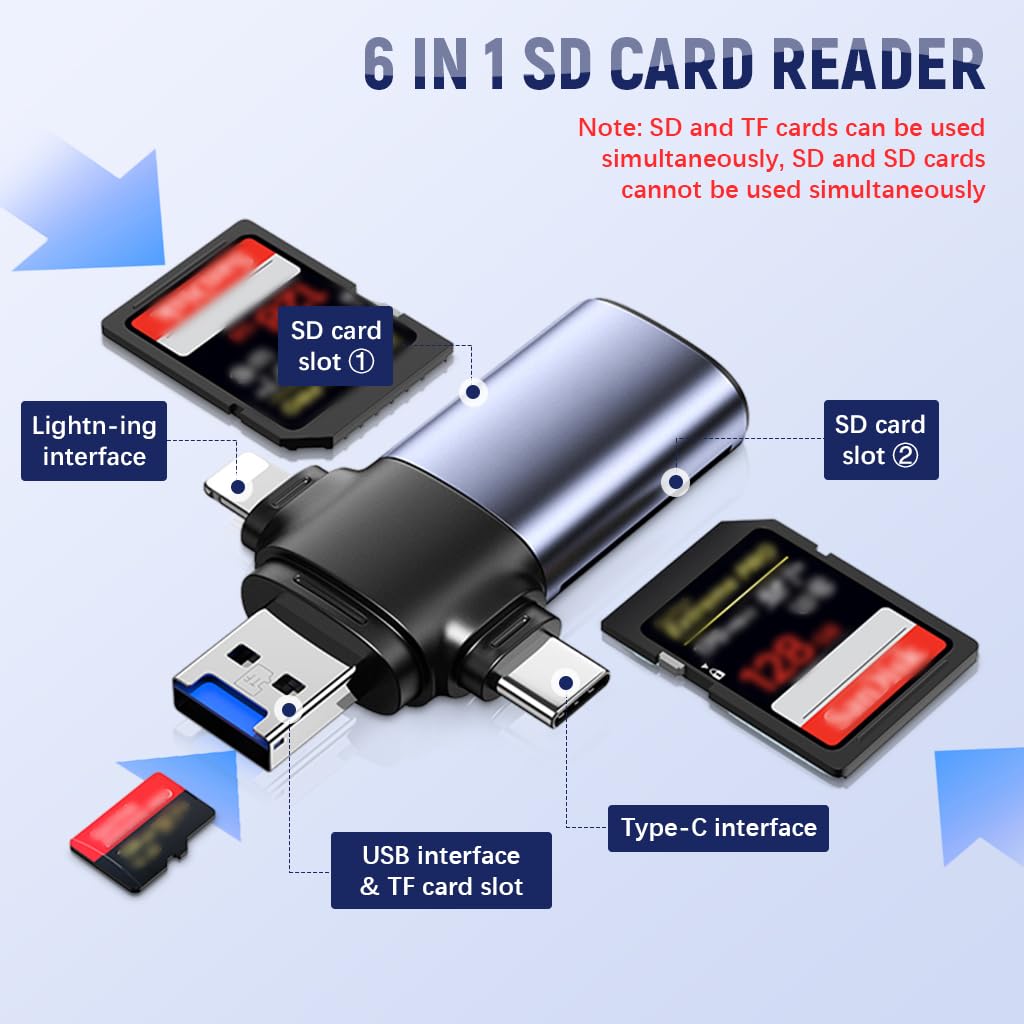 Verilux Card Reader for iPhone 3 in 1 Multi Card Reader with Protective Caps Type C Card Reader USB Card Reader with Dual SD Card Slots & TF Card Slot Universal Card Reader for iPhone, Tablet, PC