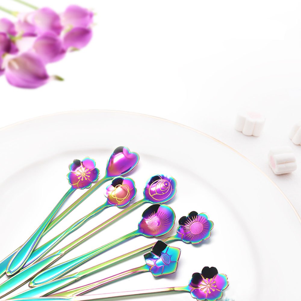 HASTHIP 8Pcs Rainbow Flower Spoon Set, 410 Stainless Steel Reusable Long/Short Handle Spoon, 2 Different Size Colorful Scoop Spoon Teaspoons Coffee Sugar Stirring Spoon Dessert Cake Spoons