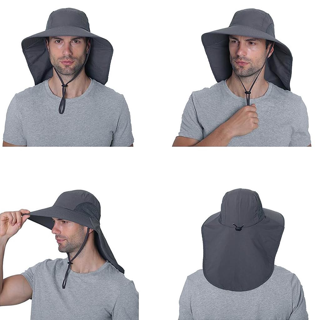 GUSTAVE Sun Hat for Men, Fashion Wide Brim Hat UV Protection Cowboy Hats Neck Flap Design & Adjustable Windproof Chin Strap Sun Hat Unisex Sun Hat Breathable Sun Hat for Hiking, Fishing, Gardening
