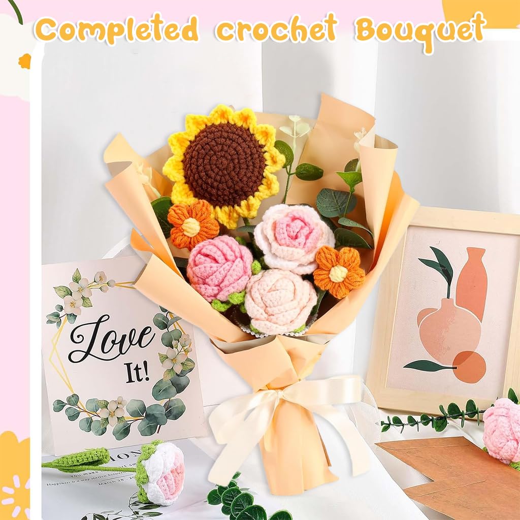HASTHIP Crochet Flowers Bouquet Completed Handmade Crochet Sunflower Roses Desk Decorative Flower Bouquet Box Packed Handmade Corchet Flower Bouquet Gift for Mother, Mother's Day Gift