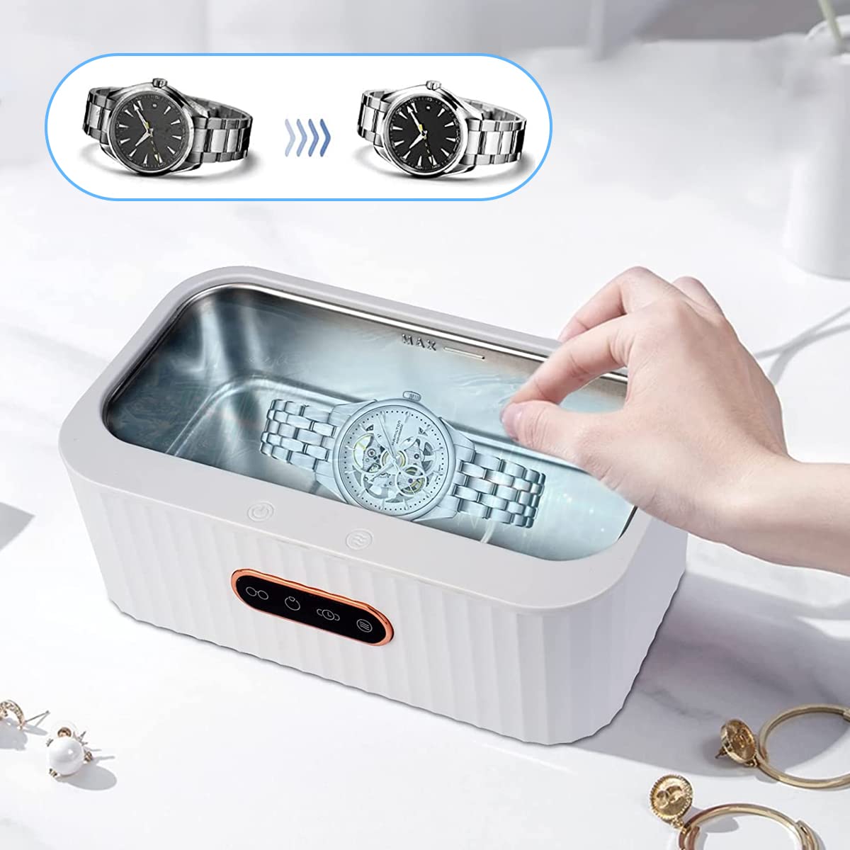 Serplex Ultrasonic Jewelry Cleaning, 400ml High-Frequency Pro Cleaner with 4 Modes, 47kHZ Household Cleaner with 304 Stainless Steel Chamber for Cleaning Dentures, Jewelry, Eyeglasses, Watches, Rings