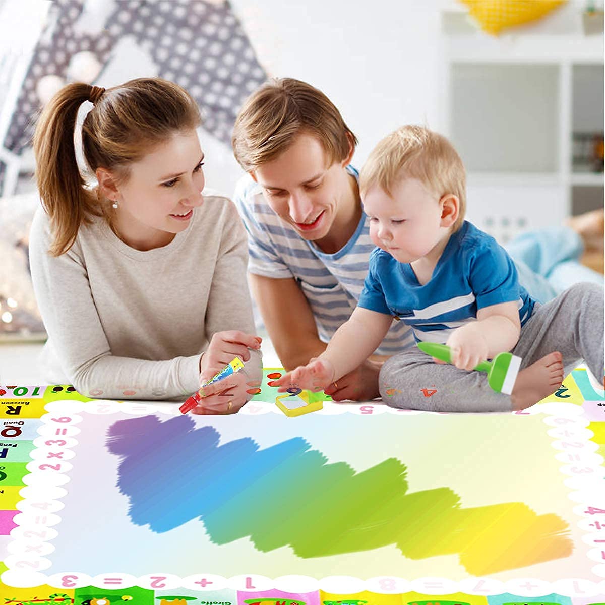 PATPAT Water Doodle Mat Larger (120 x 90cm) Water Magic Play Mat Reusable Mess Free Drawing Painting Mat Learning Toys for 3+ Year Old Boys Girls Toddlers with Many Interesting Accessories