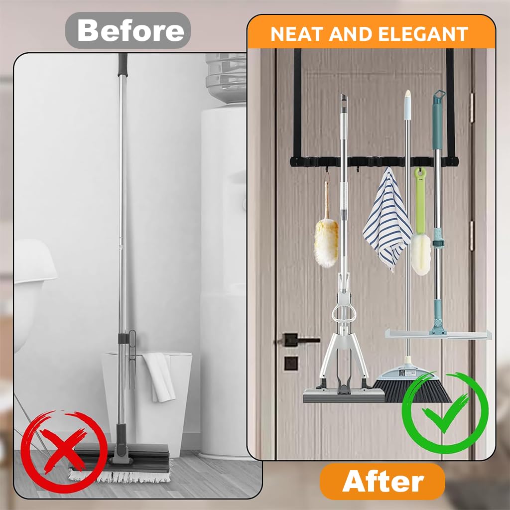 HASTHIP Stainless Steel Broom Holder Wall Mounted, 5-Slot Mop Organizer with 4 Hooks, Heavy Duty Multifunctional Rack Broom Mop Holder for Kitchen Bathroom Closet Garage Office Garden