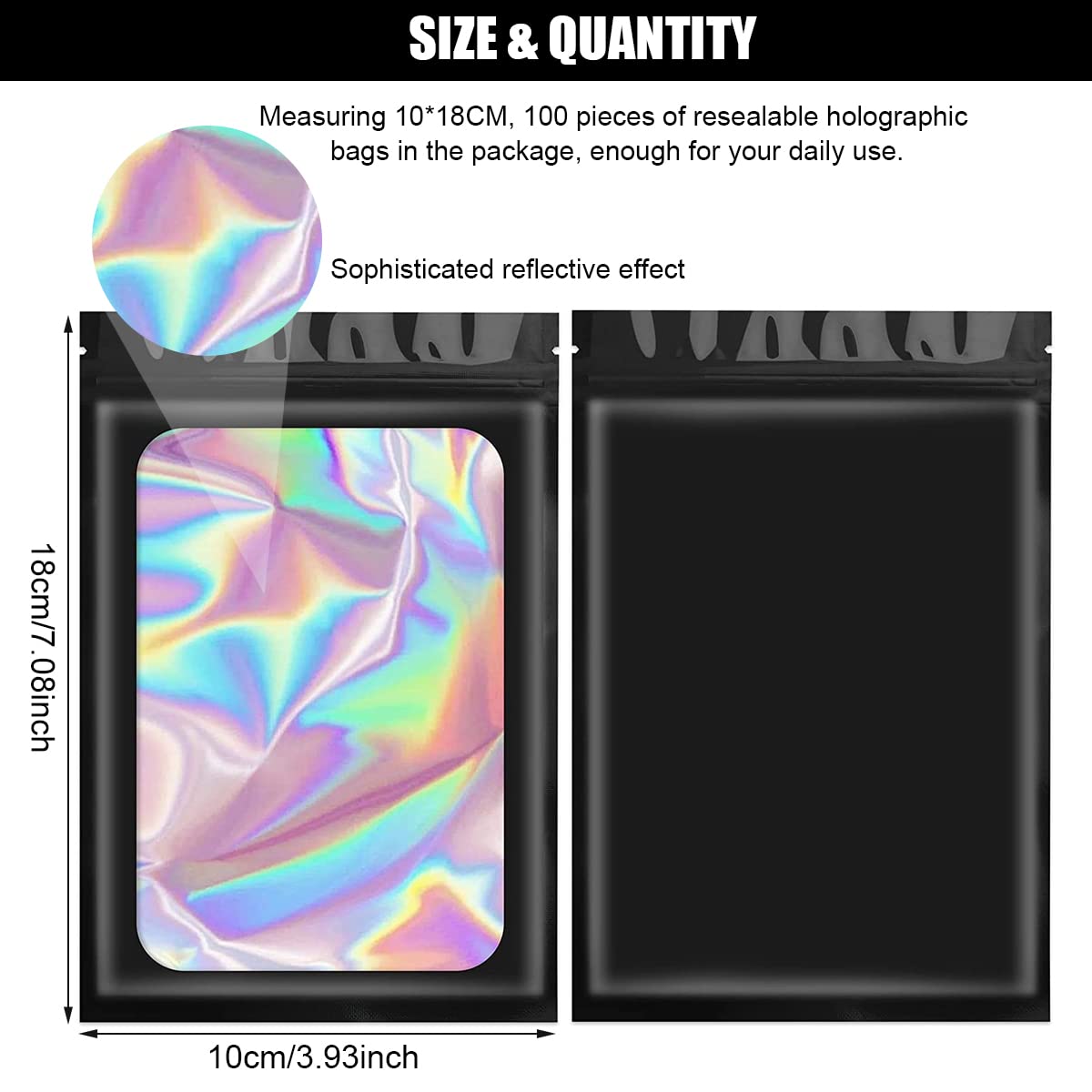ELEPHANTBOAT Black Resealable Multifunctional Mylar Bags in 100 Pcs Smell Proof for Storing Food, Jewlery, Chocolate, Candy and Cookie with Size 10x18cm