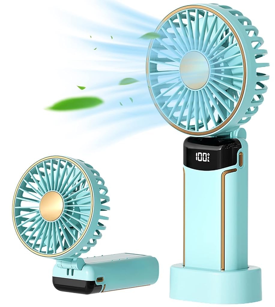 Verilux Handheld Fan Portable Fan, 2400mAh Rechargeable Mini Hand Held Fan Foldable Desk Fan with 5 Speeds LED Display Personal USB Fan for Travel Home Office (Green)