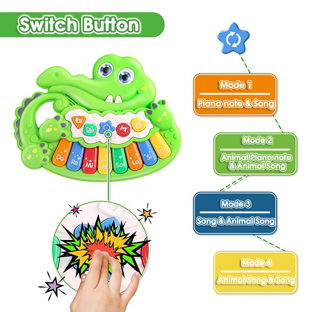 PATPAT Piano Keyboard for Kids, Crocodile Baby Piano with Flashing Lights & Music, Early Learning Educational Kids Piano with Animal Sounds Musical Toys for 1+ Year Old Baby Gifts for Boys