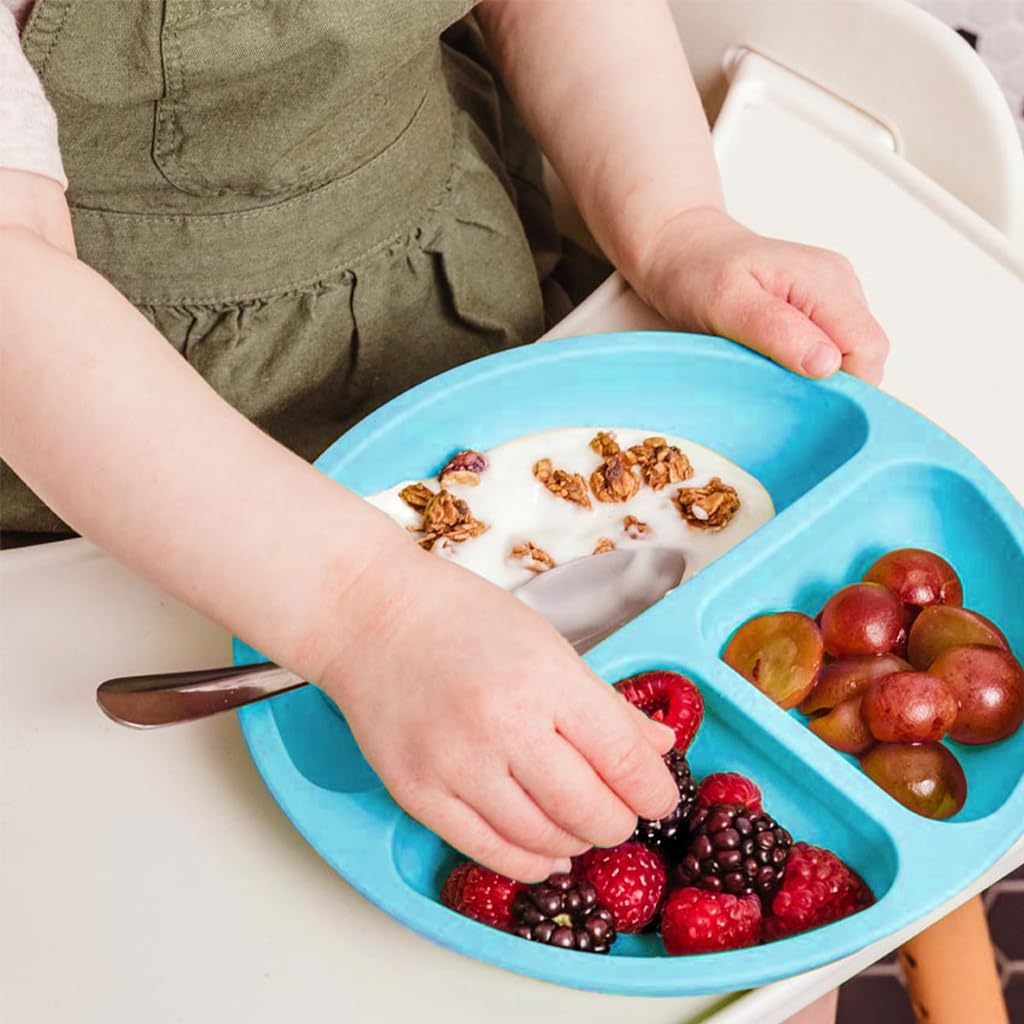 SNOWIE SOFT Suction Plates for Baby Feeding BPA Free Foodgrade Silicone 3-Grid Food Plates for Kids, Young Kids Tableware, Silicone Dinnerware with 4 Suction Cups, Dish Washer Safe (Blue)