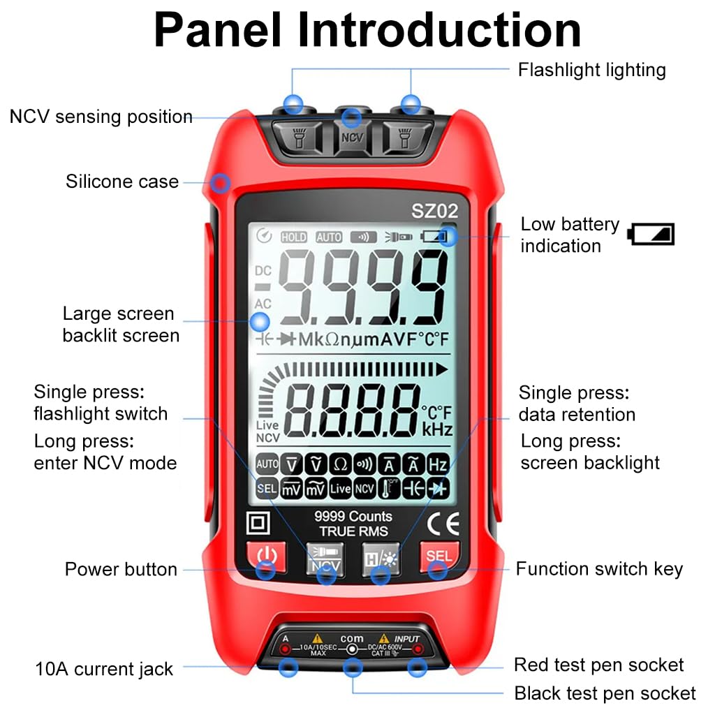 Serplex Digital Multimeter Voltage Multimeter 10000 Count AC/DC Voltage Tester, Current Meter, NVC Non Contact Voltmeter with LCD Display & LED Light, Resistance Diodes, Continuity