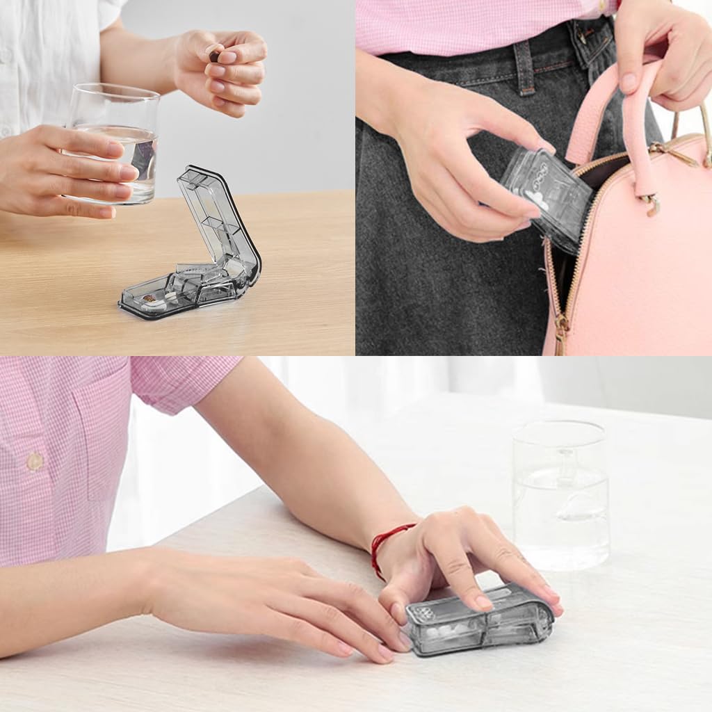 HANNEA Pill Box 2 in 1 Pill Organizer Box with Pill Cutter Multi Compartments Pill Box with Separate Moisture-proof Lid Travel Pill Box Foodgrade ABS Pill Box for Medicine, Tablets, Pills, Supplement