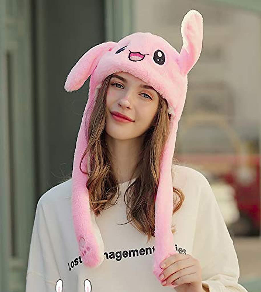 PATPAT Plush Animal Bunny Dancing Ears Hat, Rabbit Moving Ear Flaps and Press Paws for Girls Women Kids (Pink)