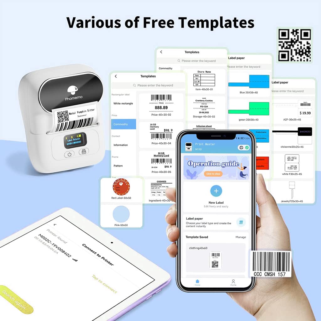 ZORBES Thermal Printer, Mini Bluetooth Thermal Print Inkfree Printer Compatible with Android & iOS System, Label Printer Black on White with 1 Roll Print Paper
