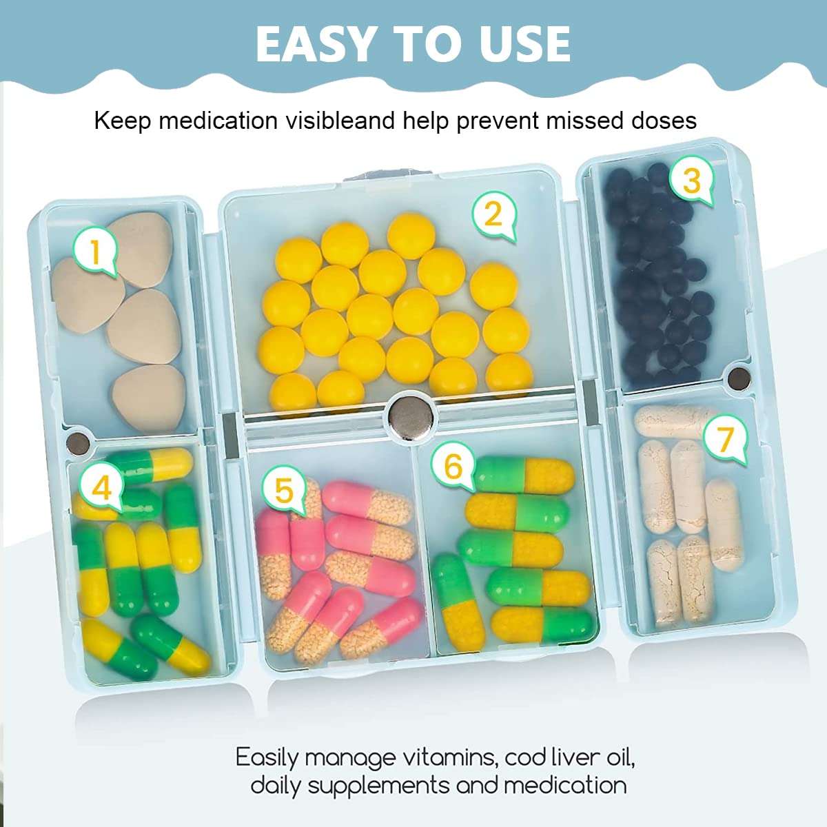 HANNEA Daily Pill Organizer, 7 Compartments Portable Pill Case Travel Pill Organizer, Folding Design Pill Box for Purse Pocket to Hold Vitamins,Cod Liver Oil,Supplements and Medication, Blue