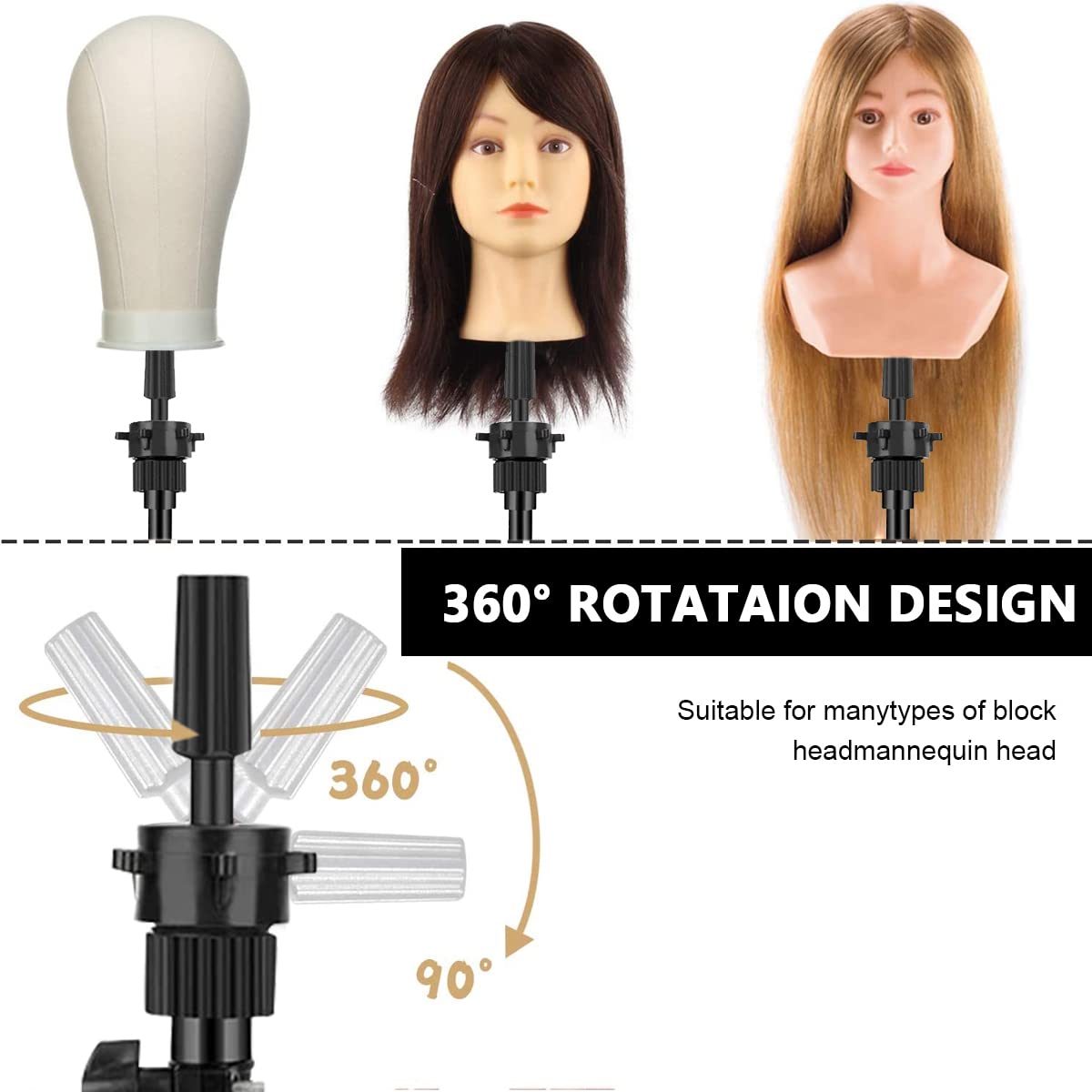 MAYCREATE Mannequin Head Stand, Retractable Mannequin Head Holder Tripod Stand Adjustable Wig Display Stand for Long Hair Wig, Short Hair Wig, Hair Wig Stand Tripod for Hairdressing Training