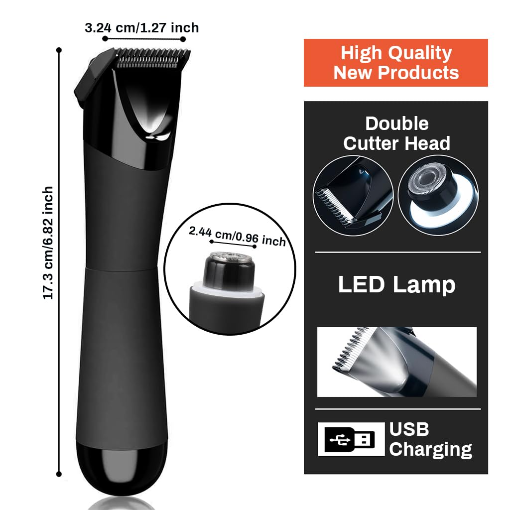 HANNEA Body Hair Trimmer with LED Cordless USB Electric Razors for Men Women Wet/Dry Use Bikini Trimmer Dual Head Design Painless Hair Trimmer IPX7 Waterproof