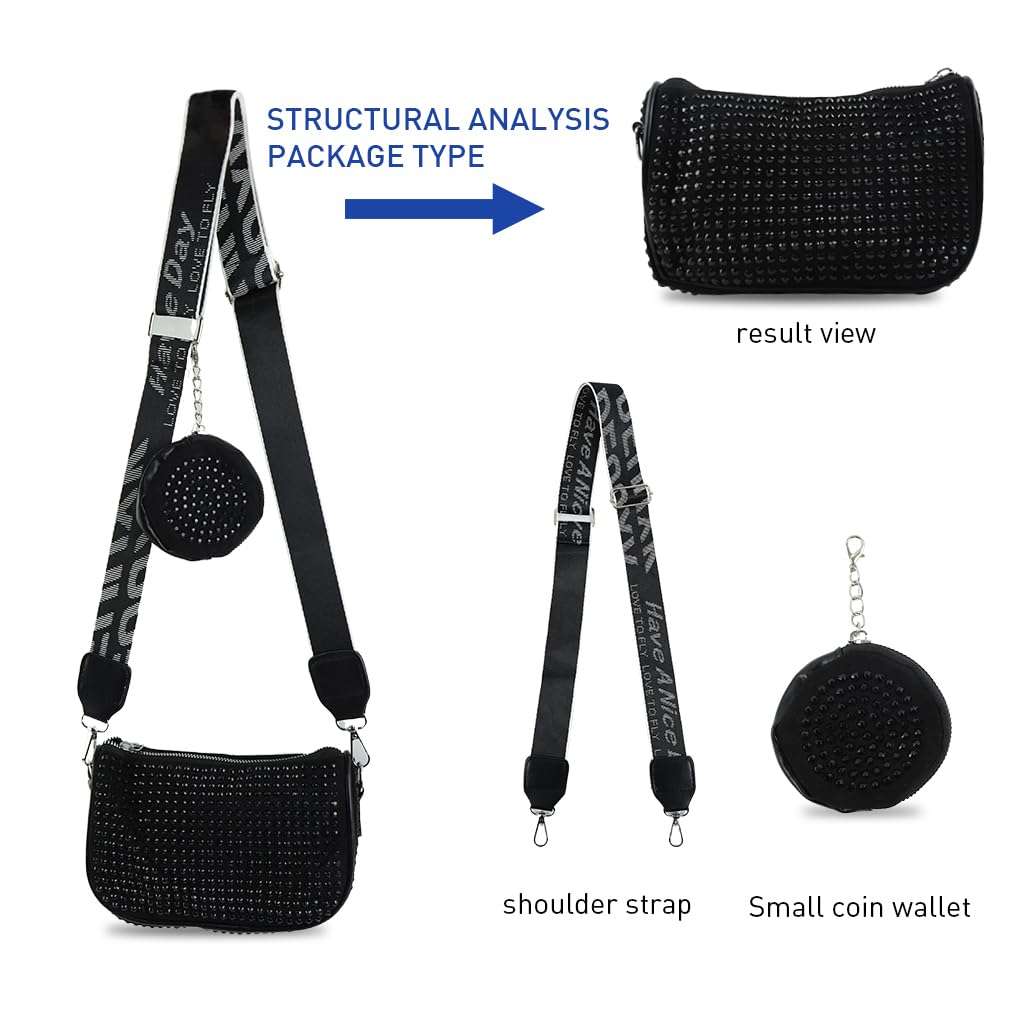 ZIBUYU Small Crossbody Bag Women Fashion Shoulder Bag with Matching Coin Pouch Trendy Soft Handbag Black Diamond-Embellished Shoulder Bag Daily Bag with Adjustable Shoulder Belt