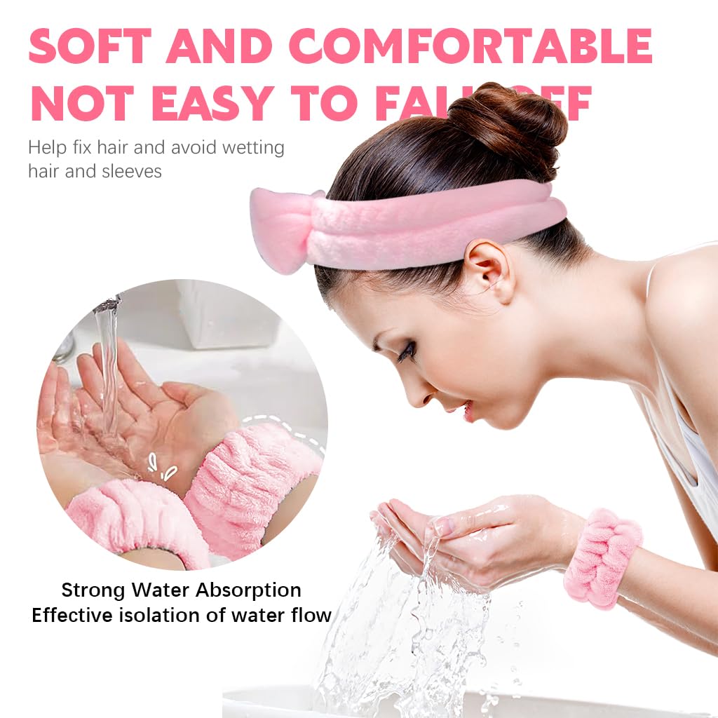 MAYCREATE 9Pcs Face Wash Kit Face Wash Sponge Pads Pluffy Makeup Remover Pad Pink Bow Face Wash Headband Soft Microfiber Wristband Facial Cleaning Set Facial Supplies