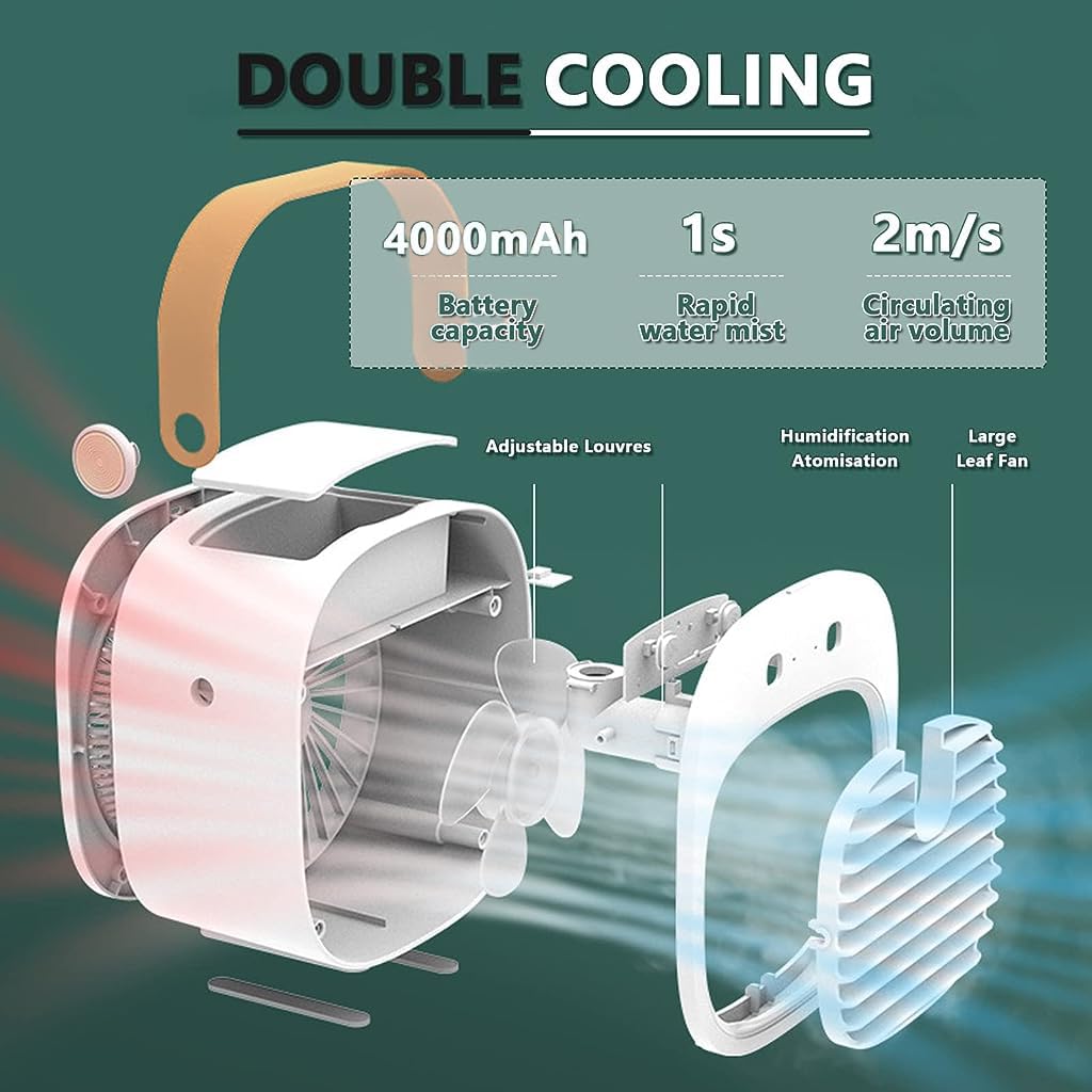 HASTHIP Mini Air Cooler with 128ml Water Tank, 4000mAh Portable Air Conditioner, Small Evaporative Coolers with Handle/Humidifier/ 3 Speeds Desktop Ice Cube Cooling Fan for Travel, Office and Bedroom