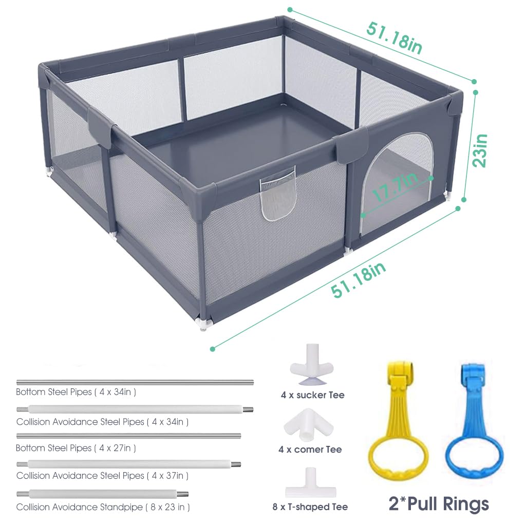 SNOWIE SOFT Baby Ball Pit (No Balls) Assemble Baby Play Area DIY Toddlers Amusement Play Zone with Zipping Door, Robust Metal Frame, Soft Foam Wrap, Corner Protectors, 51'' x 51''