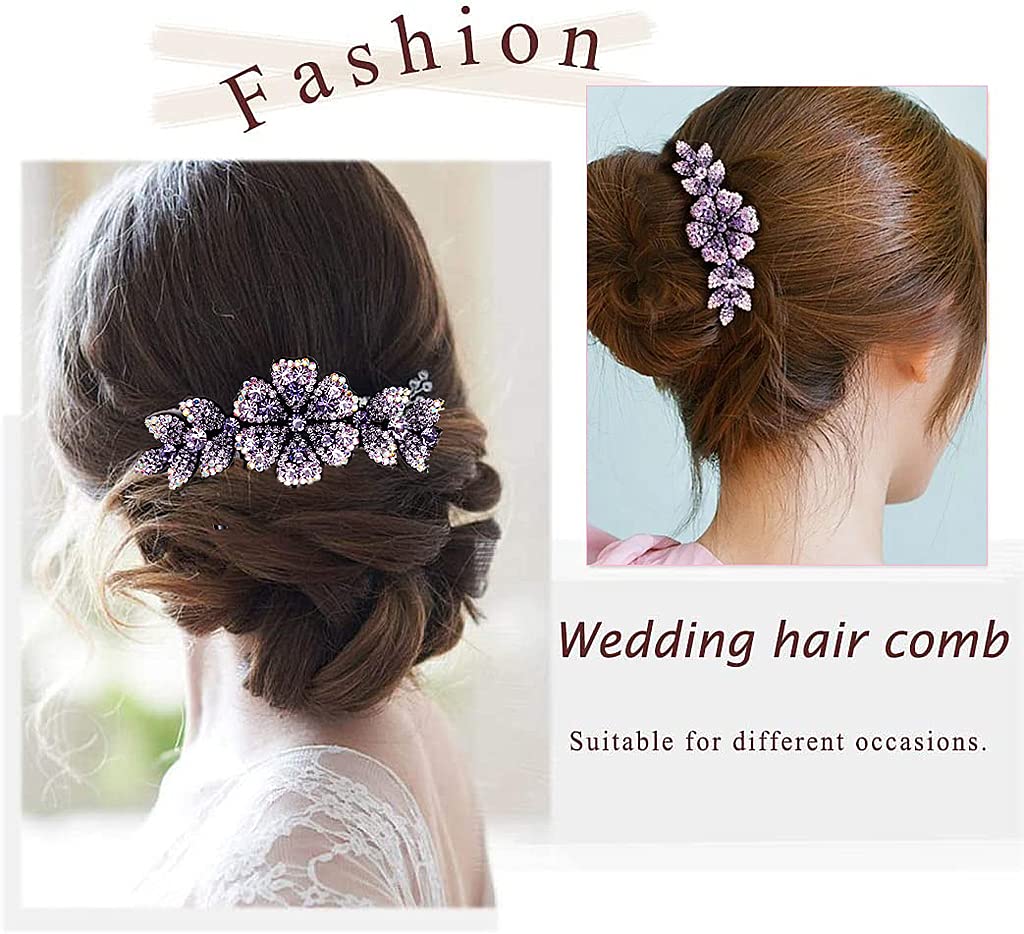 MAYCREATE Hair Clips for Women Flower Hair Comb Pins Slide Hair Clips for Girls Crystal Barrettes Bridal Charm Hair Accessories-Dark Purple