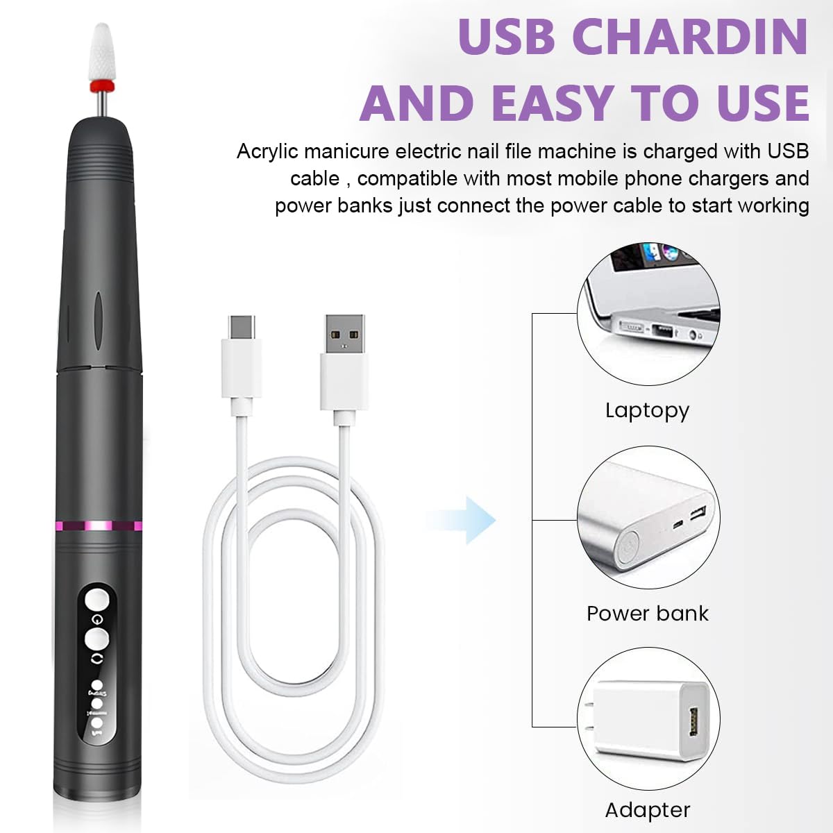 MAYCREATE Nail Drill Machine with Drill Bit 3 Speeds USB Nail Drill Machine for Acrylic Gel Nail, Salon Nail Drill Machine Portable Manicure Pedicure Drill for Nair Art, DIY Nail Extension