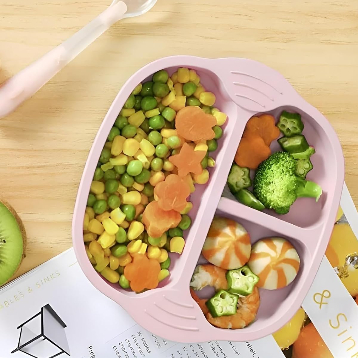 SNOWIE SOFT Food Plate Silicone BPA Free Baby Food Plate, Anti Flip Over Silicone Food Plate with Suction Cup, with Spoon & Baby Use Fork, Dish Washer Safe (Pink)