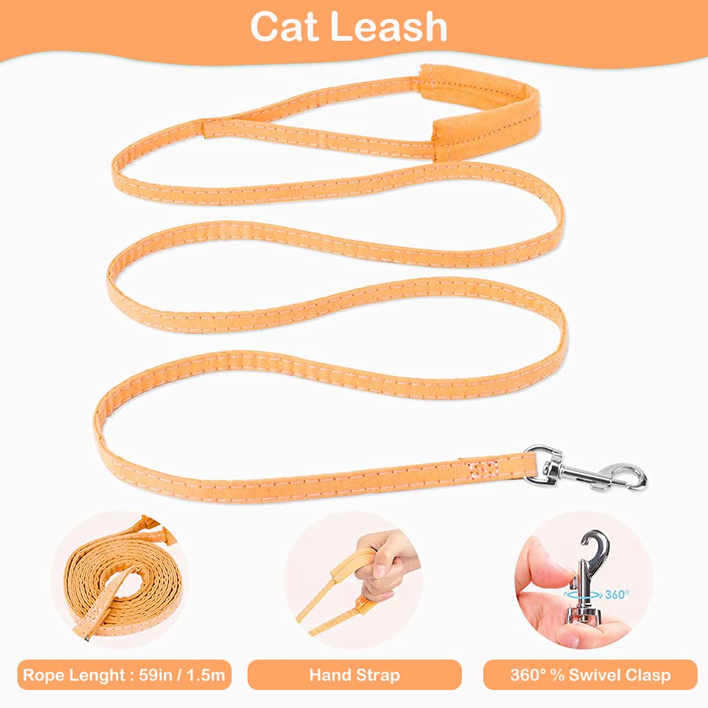 Qpets Cat Harness with Cat Leash for Walking, Adjustable Soft Sturdy Faux Suede Escape Proof Kitten Vest Harness and Leash with Reflective Strip for Large Medium Small Cat(Green, Orang, M)