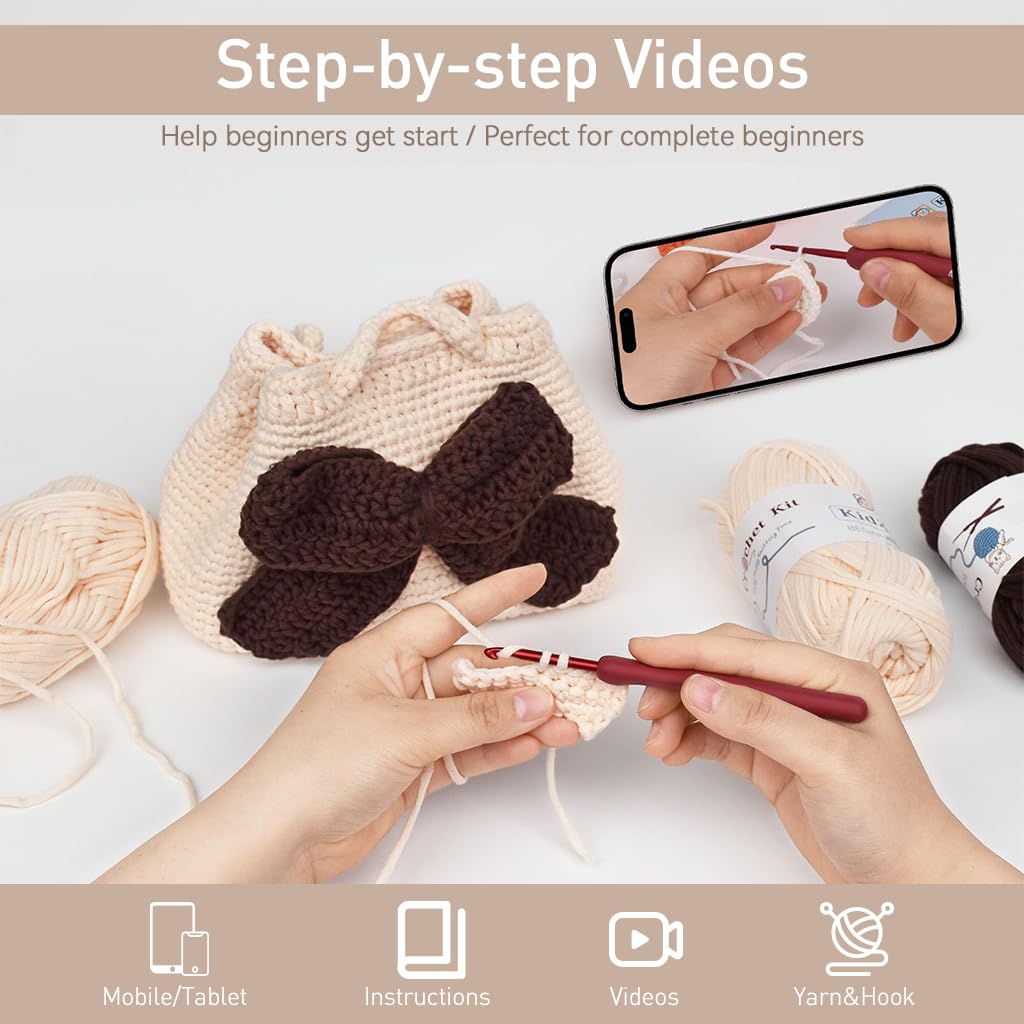 PATPAT DIY Crochet Bag Material Kit for Adults Beginners Crochet Bag Material with Crochet Hooks, Tools, Yarns, Stitch Marks, Scissors DIY Crochet Bow Knot Hand Bag Gift Handmade Crochet Bag Gift