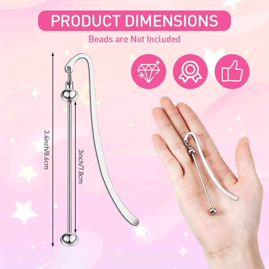 HASTHIP 4 Pcs Beadable Bookmarks DIY Metal Blank Bar Bookmark for Beads Modern Beaded Bookmark Craft Jewelry Pendant Charm Gift for Book Lovers Student Teacher Office Supplies (Silver)