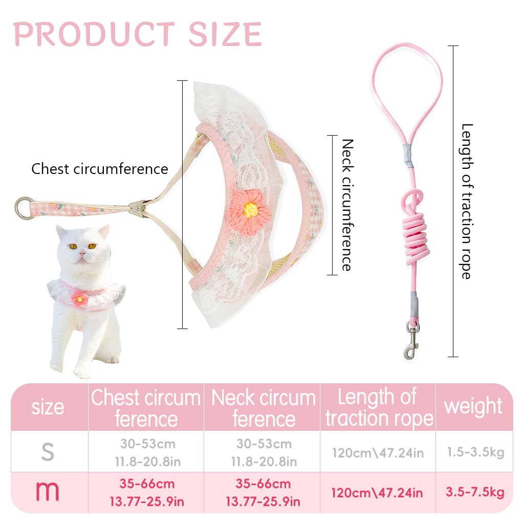 Qpets Cat Leash, Cat Harness, Cat Harness with Leash, Cute Pink Flower Cat Belt, Fashion Cat Leash with Harness (Recommended Weight: 3.5-7.5KG)