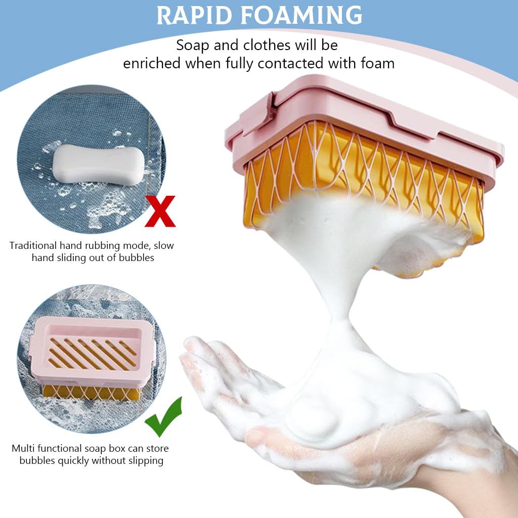 HASTHIP 2Pcs Soap Holder with Bubble Net 2 in 1 Sope Saver Box with Flexible Bubble Net Soap Drain Box Plastic Soap Saver Hand Sope Holder for Kitchen, Bathroom