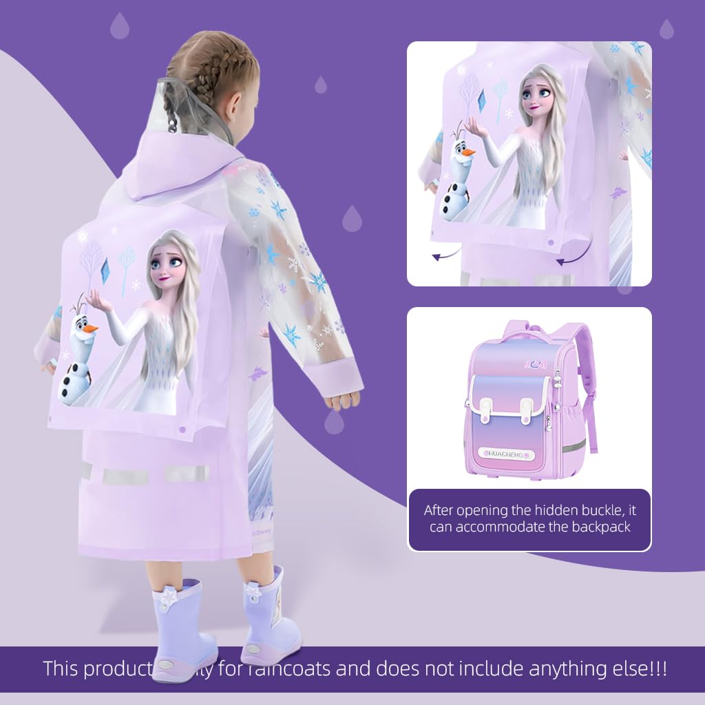 PALAY Raincoat for Girls Cartoon Purple Princess Elsa Print EVA Raincoat Wide Brim Hood Rain Jacket with Backpack Rain Cover Knee Length Long Raincoat for School Girls 9-11 Years Old, Size XXL
