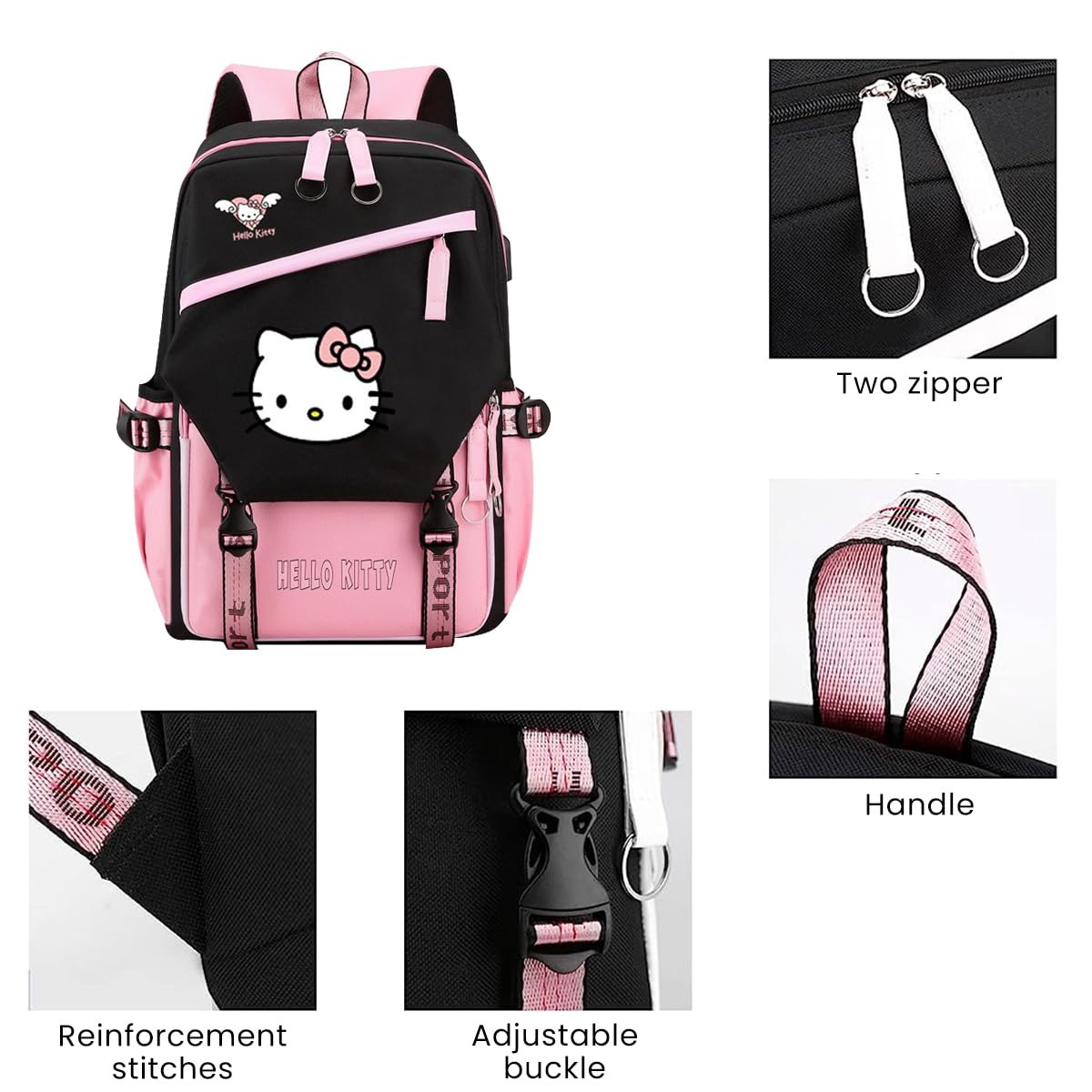 PALAY Hello Kitty Teen Girls Laptop Backpack, Travel School Bag with USB Charging Port and Headphone Jack, Girls Large Backpack 14 Inches Laptop Bag Cartoon Backpack School Gift for Kids (Pink)