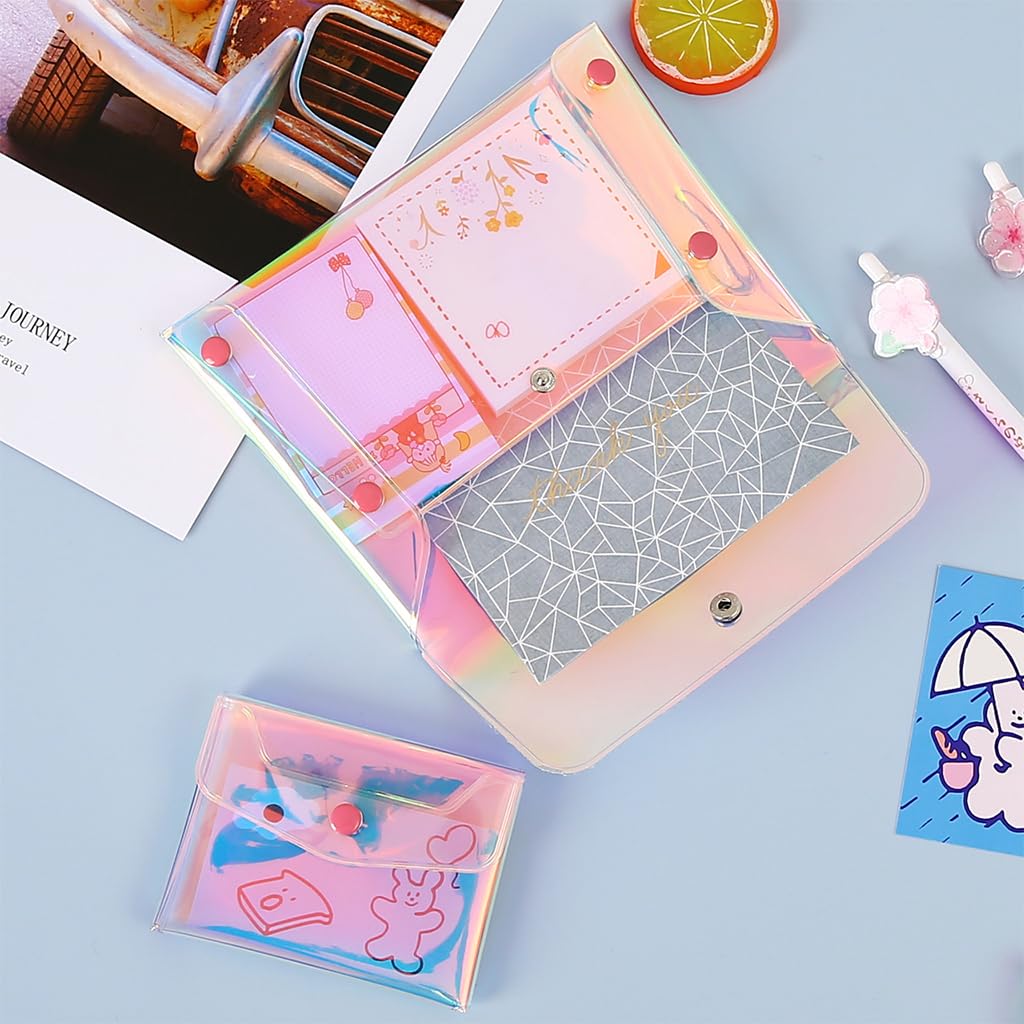 MAYCREATE 3 Pack Holographic Pouch Clear Makeup Bag Coin Purse Pencil Pouches, Iridescent Cosmetic Storage Bag Jewelry Accessories Organizer for Girls Women Kids - Snap Button, Mix Sizes