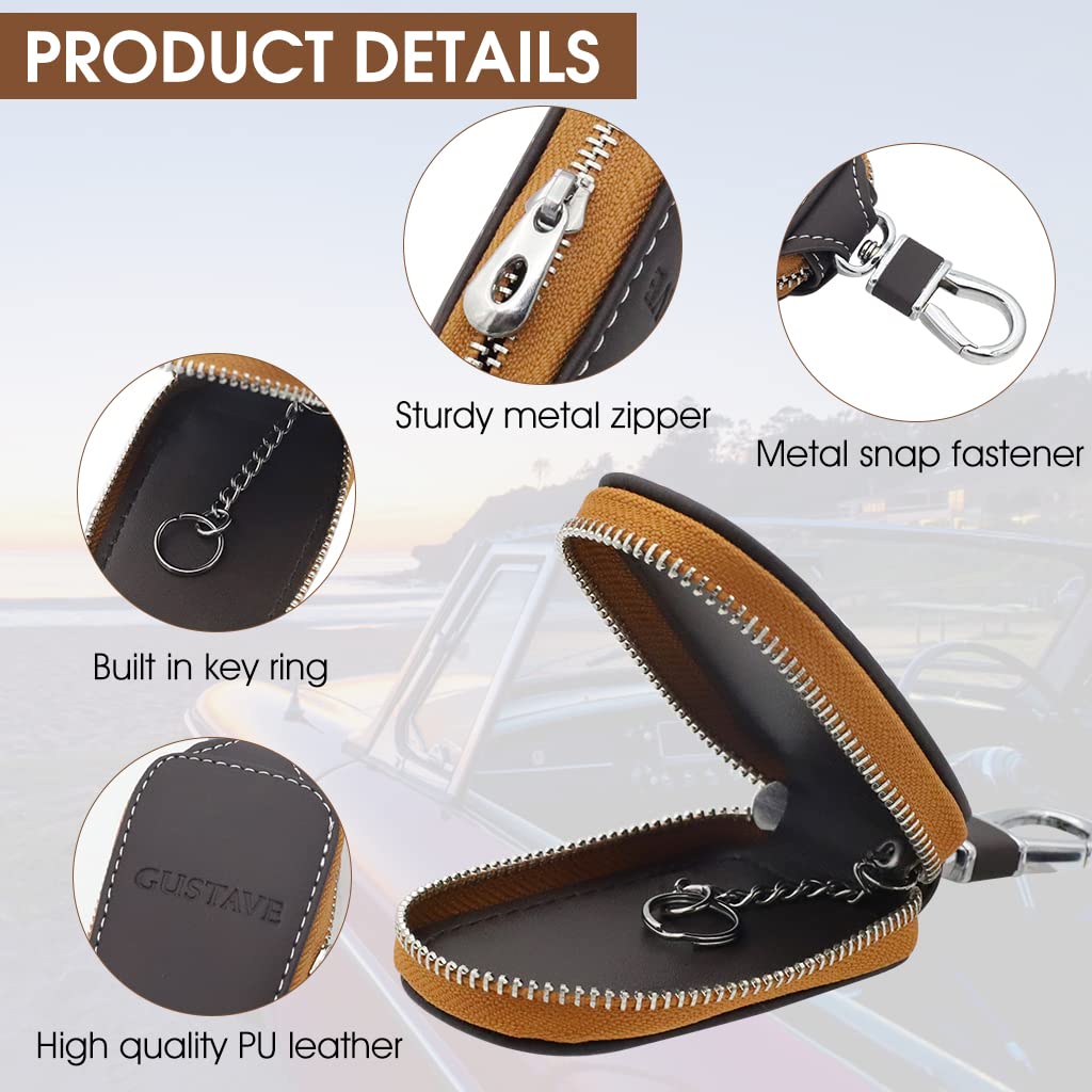 GUSTAVE Car Key Case, Smart Car Key Cover Protection PU Leather Car Key Chain Bag Car Smart Keychain Coin Holder Auto Remote Keyring Wallet (Brown)