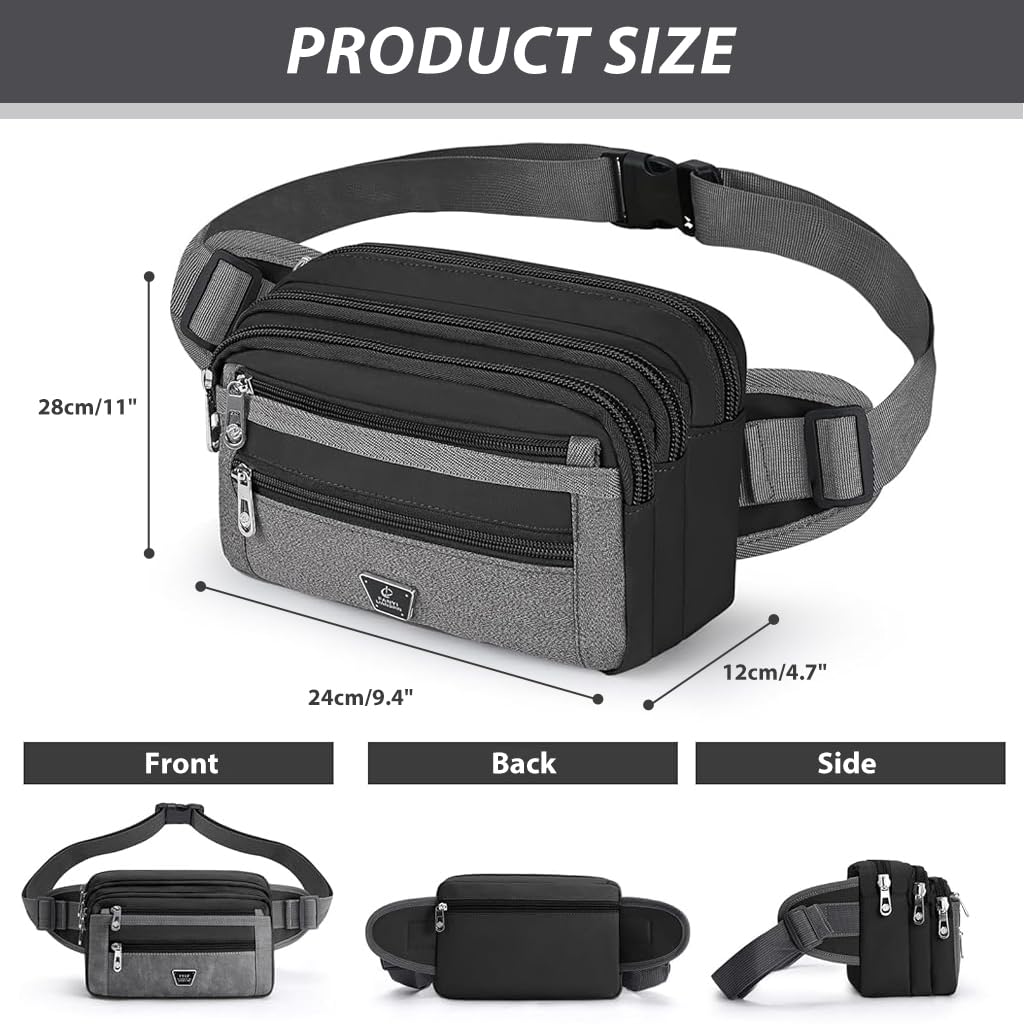 GUSTAVE Men's Waist Bag Chest Bag Crossbody Chest Bag with 6 Zipper Pouches Large Men's Waist Bag Adjustable Waist Belt Waterproof Nylon Lightweight Phone Waist Bag, 24x3x15cm