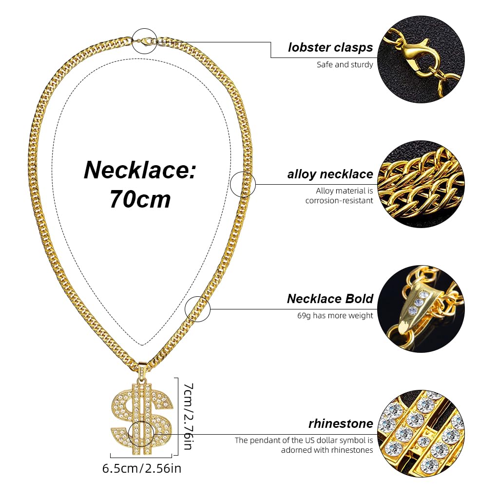 SANNIDHI Necklace for Men Women Golden Dollar Sign Pendant Rhinestone Alloy Gold Chain Necklace Hip Pop Dollar Symbol Necklaces Jewellery Gifts for Men, Boys, Husband