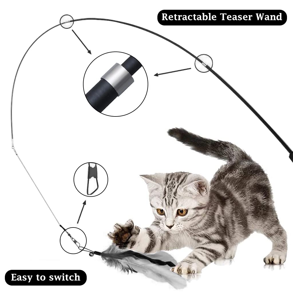 Qpets 7 Piece Cat Feather Toys Interactive Cats Teaser Wand Toy Retractable Teaser Wand Feather Worm Teaser Cat Toys