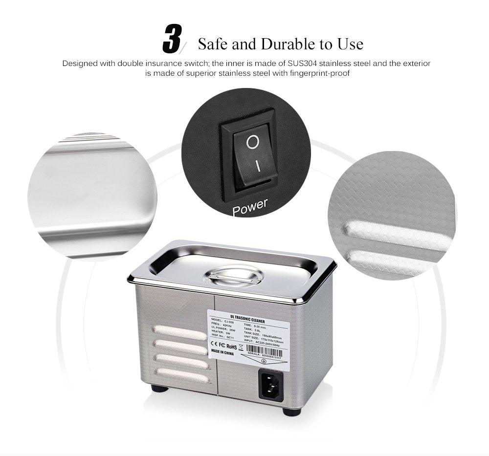 Verilux 0.8L Mini Ultrasonic Cleaner Machine Digital Timer 42KHz Sonic Cleaner with Digital Timer Basket for Small Silver Metal Parts(17.5CM*11CM*12.5CM)