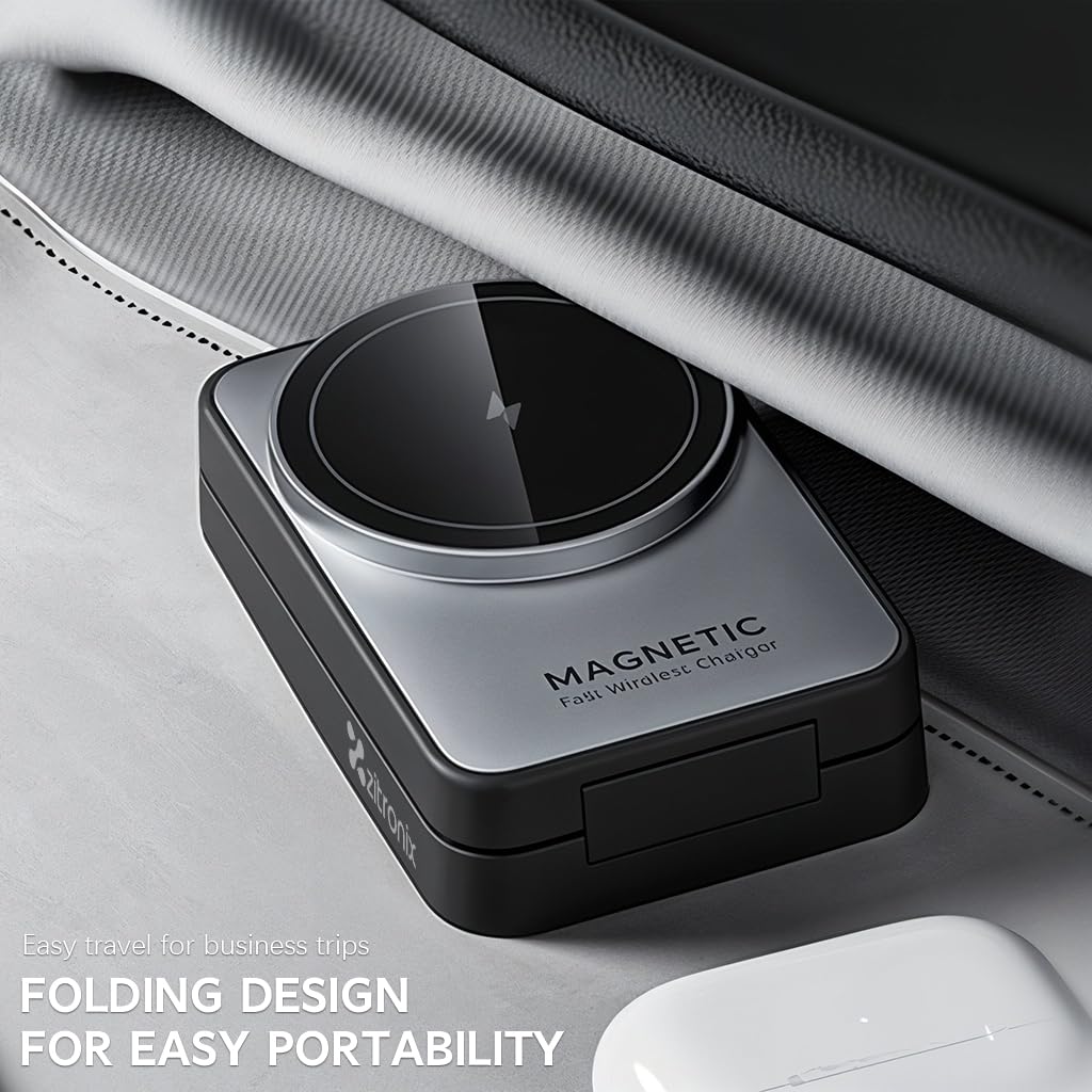 zitronix 3 in 1 Wireless Charging Station Travel Folding Wireless Charger Stand Station for iPhone, iWatch & AirPods Magnetic Mag-Safe Charger Stand 15W Magnetic Wireless Fast Charger